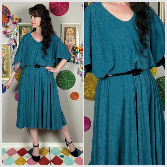 Vintage 1970s Teal French Terry Cloth Flutter Sleeve Blouson Midi Dress - Picture 1 of 8